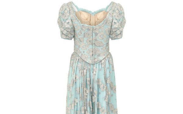 1990s Bespoke Embellished Lace and Crystal Turquoise Dress on Sale