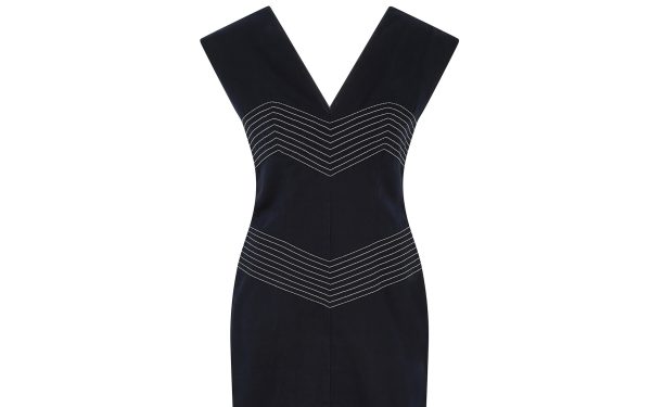 2000s Thierry Mugler Couture Navy Cotton Chevron Dress Supply