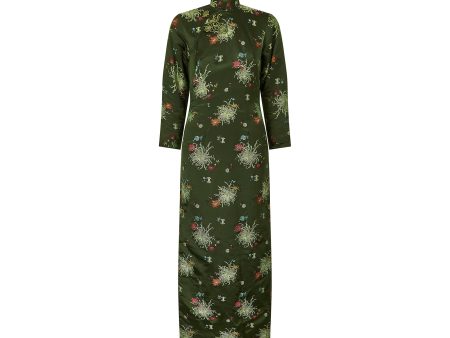 1960s Green Oriental Heavy Silk Floral Full Length Dress Online Hot Sale