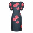 1950s Navy and Pink Silk Rose Print Dress For Cheap