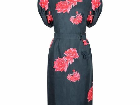 1950s Navy and Pink Silk Rose Print Dress For Cheap