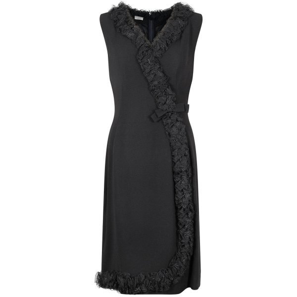 1960s Black Crepe Wrap Over Lace Ruffle Hem Dress Cheap