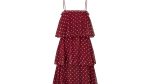 1970s Norman Berg Burgundy and White Polka Dot Tiered Dress Cheap