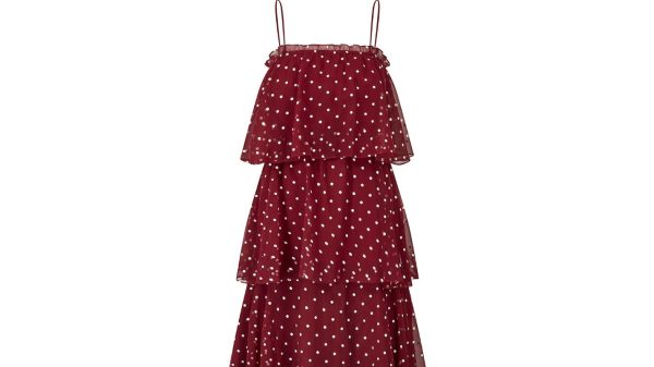 1970s Norman Berg Burgundy and White Polka Dot Tiered Dress Cheap