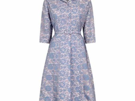 1950s Blush & Blue Lace Belted Shirt Waister Dress For Cheap