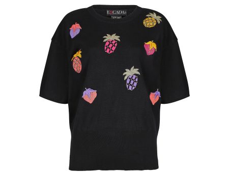 1990s Escada Navy Embroidered Fruit Salad Top Supply