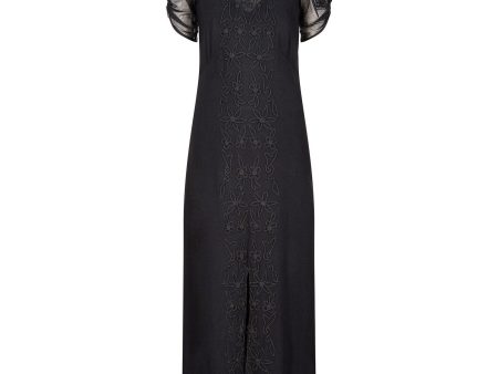 1930s Black Silk Crepe Dress With Floral Appliqué Embellishment For Sale