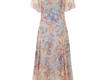 1920s Peach and Blue Silk Chiffon Floral Dress For Sale