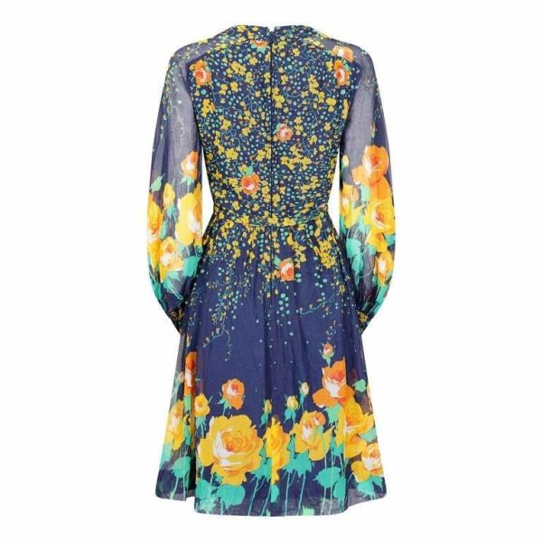 1970s French Couture Navy Rose Print Dress Online now