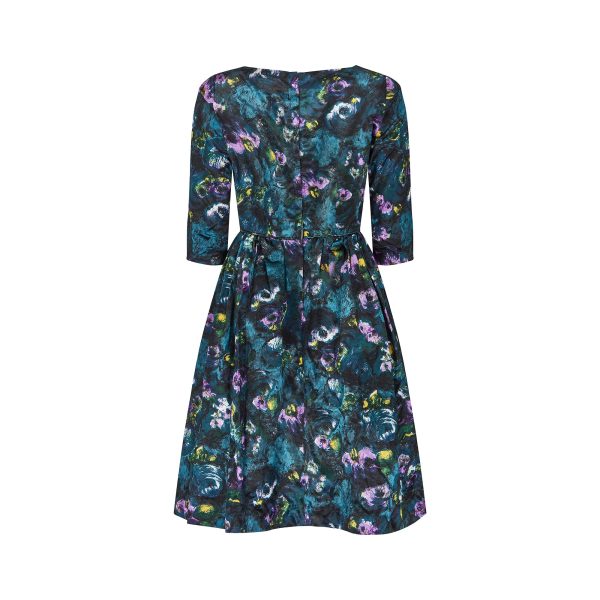 1960s Teal Blue Floral Three Quarter Sleeve Dress Sale