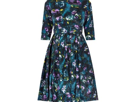 1960s Teal Blue Floral Three Quarter Sleeve Dress Sale