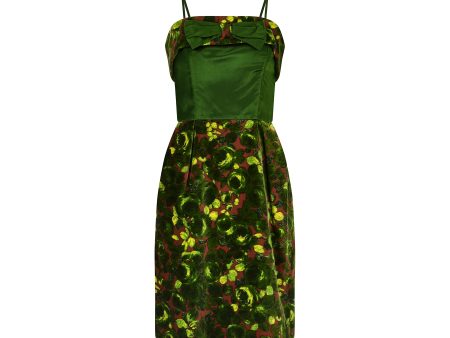 1960s Velvet and Green Satin Rose Print Dress For Cheap